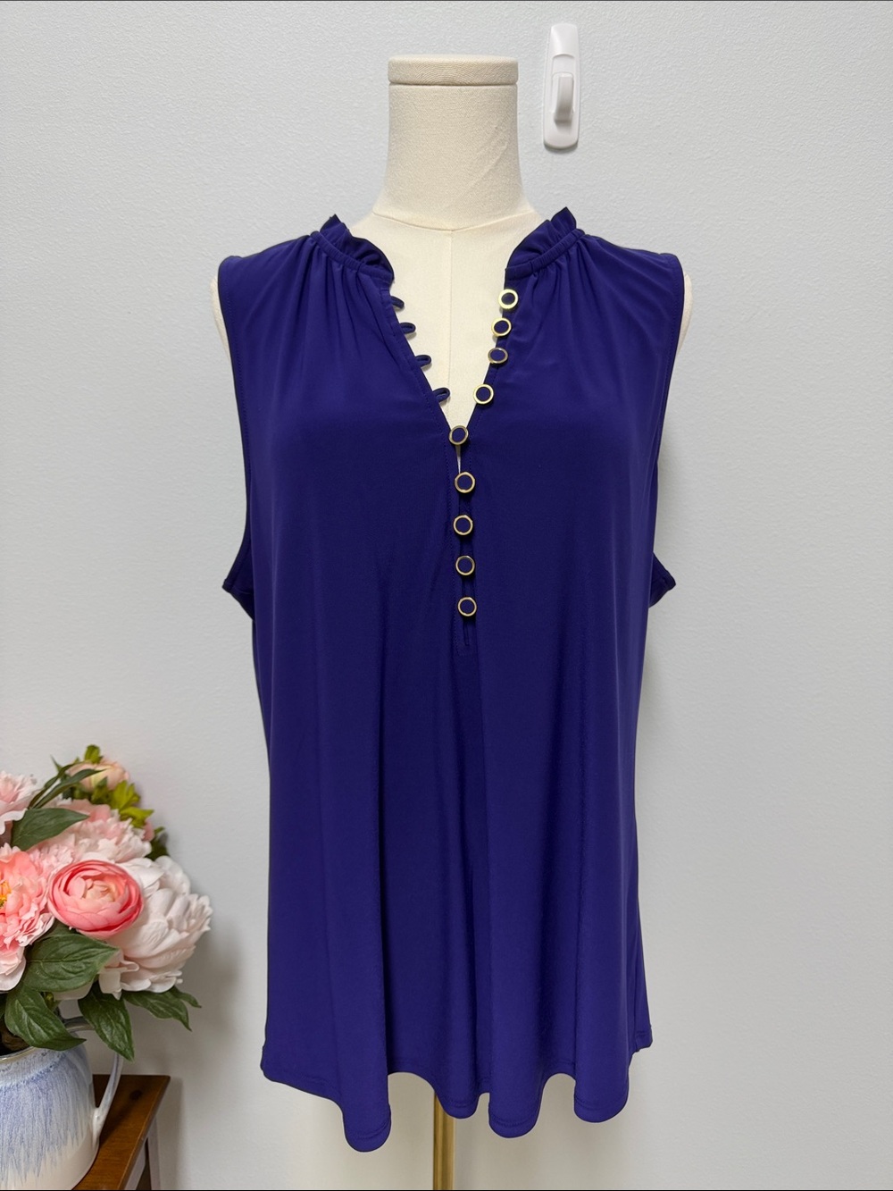White House Black Market Sleeveless Purple Ring-Detail V-Neck Top